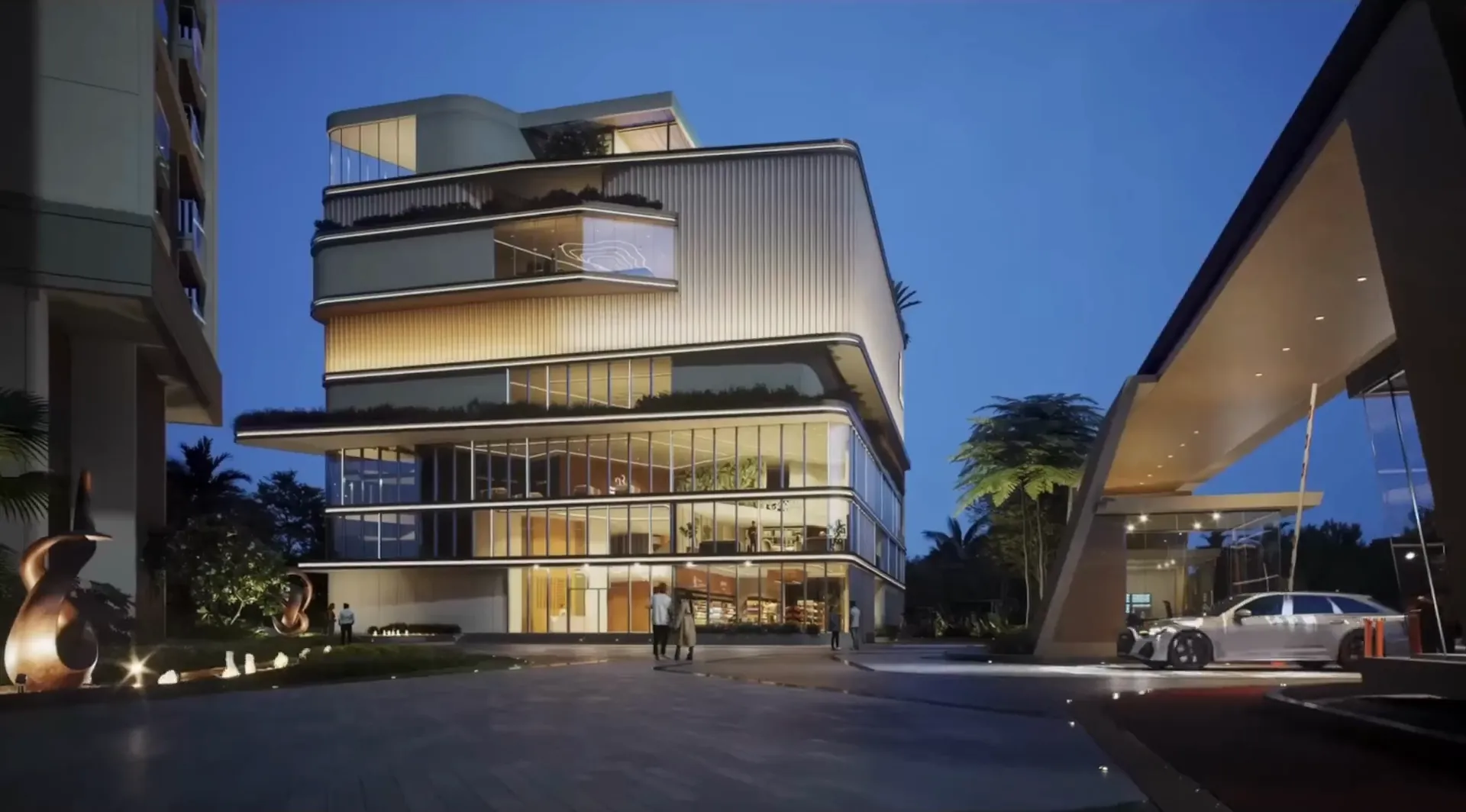 A building entrance at dusk